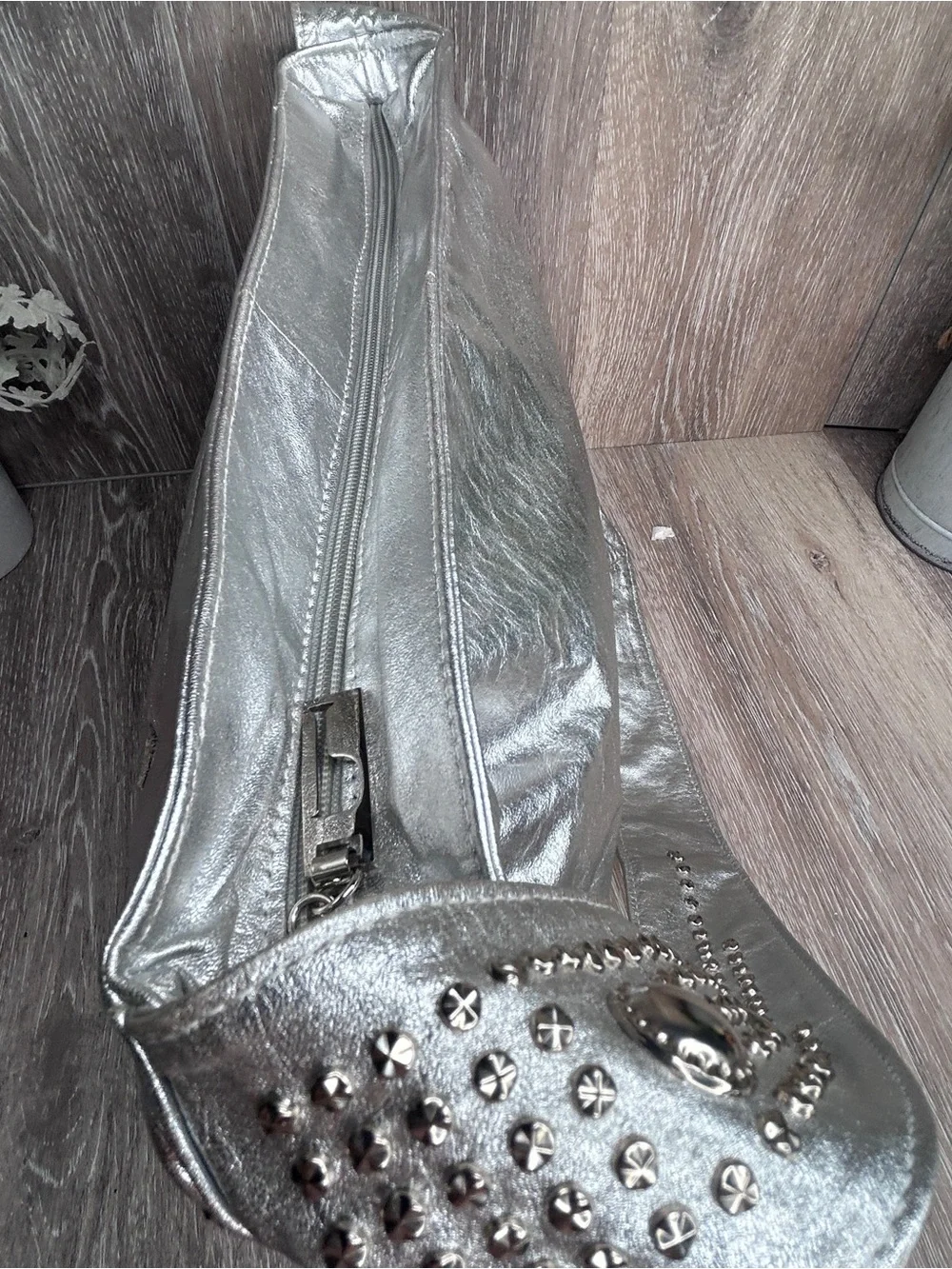 Bags by Pinky • Metallic Silver Studded Shoulder Bag • Genuine Leather •USA Made - Picture 7 of 12
